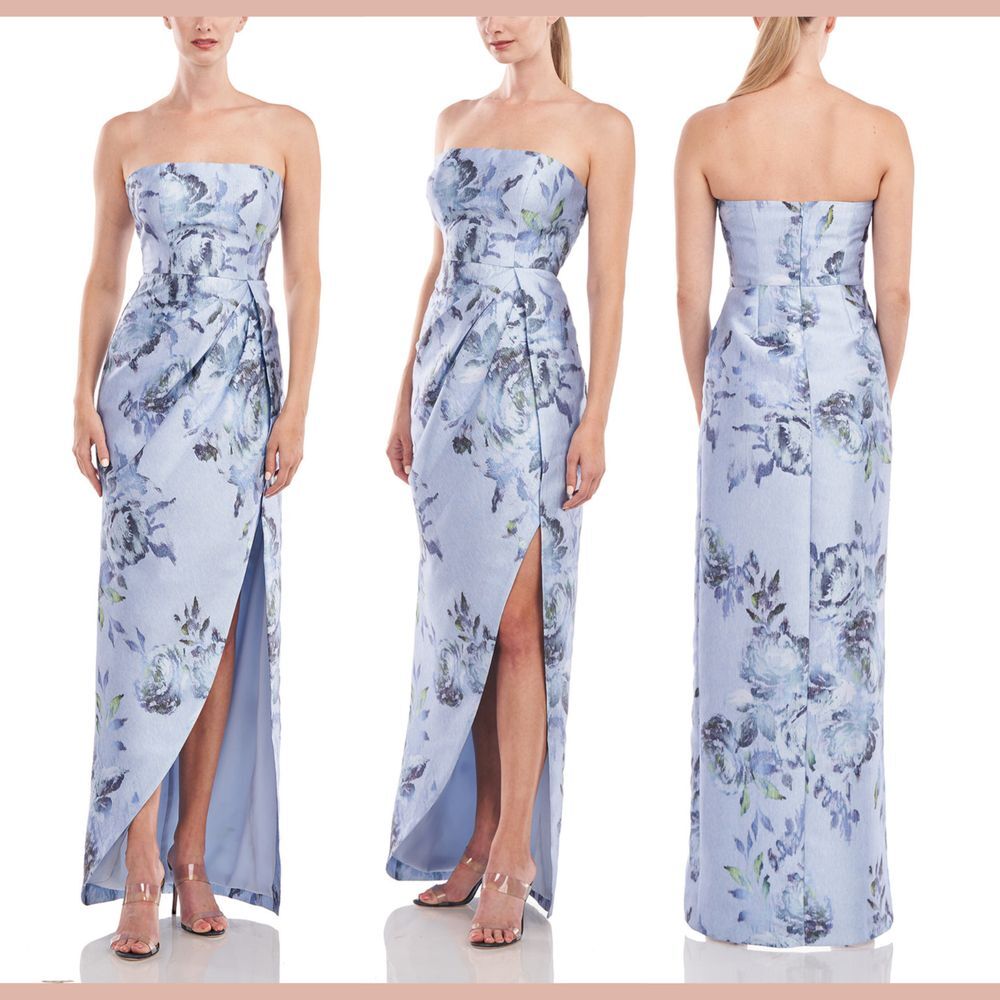 NWT $318 Kay Unger [ 0 ] Bluebell Floral Strapless Chic Column Gown Blue‎